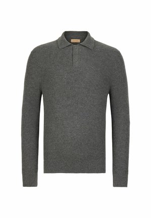 Dunkelgrauer Langarm-Polo-Pullover aus geripptem Strickmaterial. Verfügt über einen Kragen und eine Dreiknopf-Leiste.