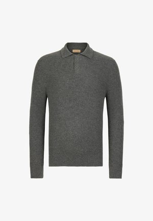 Mørkegrå langærmet polo-sweater lavet af ribstrikket materiale. Har en kravehalsudskæring og detaljer med tre knapper.
