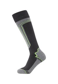 Black and grey knee-high sock with green accents, ribbed top, and reinforced heel and toe. Features a geometric design along the leg.