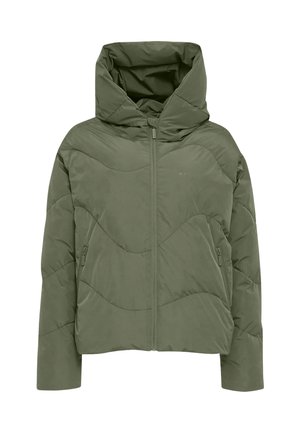 Padded hooded jacket in olive green, featuring diagonal quilted patterns, zippered pockets, and a front zip closure. Smooth texture.