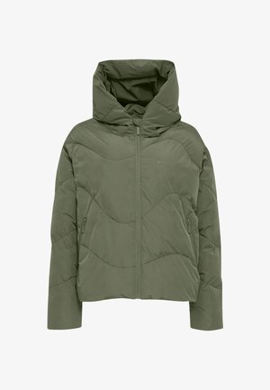 Padded hooded jacket in olive green, featuring diagonal quilted patterns, zippered pockets, and a front zip closure. Smooth texture.