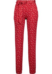 Rode broek met een trekkoord in de taille, met een bloemmotief in crème. Gemaakt van lichtgewicht stof, met een taps toelopende pasvorm en elastische boorden.