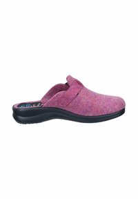 Felt clogs in a bright pink hue with a black rubber sole, featuring a wide strap and soft texture for comfort.