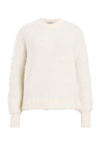 Cremfarbener Pullover aus weichem, flauschigem Material. Mit rundem Ausschnitt, überschnittenen Schultern sowie gerippten Bündchen und Saum.