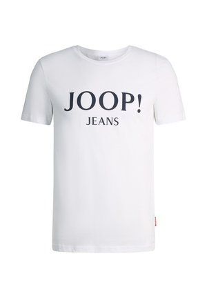 Witte T-shirt met korte mouwen en zwarte "JOOP! JEANS" tekst gecentreerd op de borst, voorzien van een ronde halslijn en een klein rood label aan de zijkant.