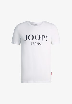 Witte T-shirt met korte mouwen en zwarte "JOOP! JEANS" tekst gecentreerd op de borst, voorzien van een ronde halslijn en een klein rood label aan de zijkant.