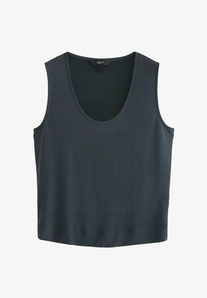 Tumehall soe varrukateta särk laia ümarate lõikega kaelusega, mis on valmistatud siledast kangast, sirge äärisega ja minimaalsete õmblusdetailidega.