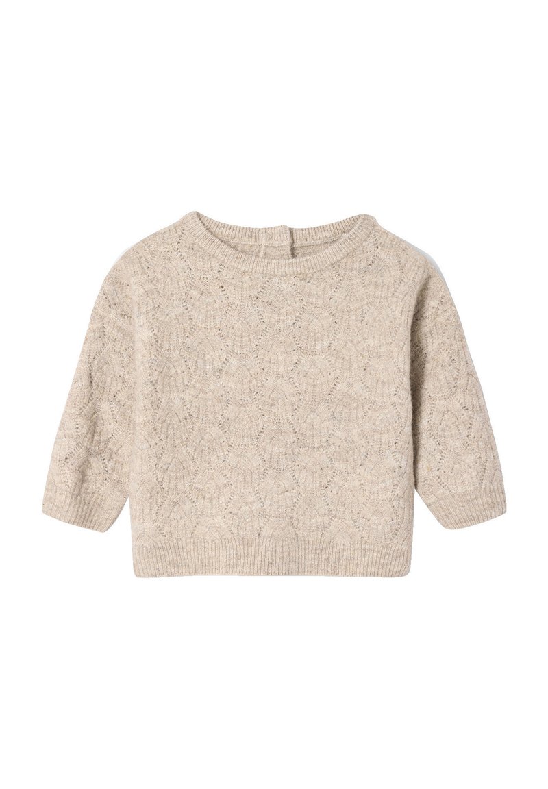 Beige gestrickter Pullover mit einem strukturierten Rautenmuster und Dreiviertelärmel. Verfügt über einen runden Ausschnitt und einen Rückenschluss.