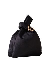 Black textured fabric bag with a knotted handle and gold-tone hardware accent. Compact shape with a soft, pliable structure.