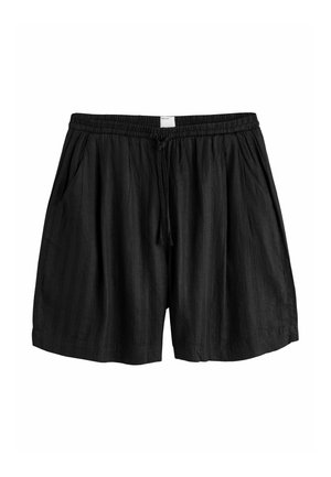 Sorte afslappede shorts med elastik i taljen, snøre, sidelommer og en diskret stribet tekstur.