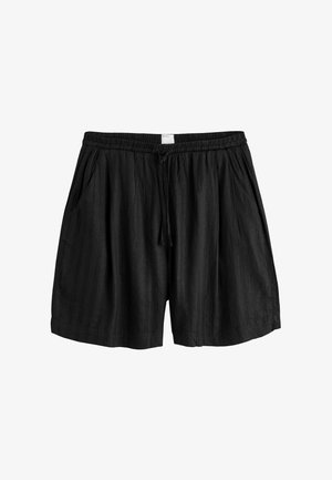 Juodi laisvalaikio šortai su elastingu liemeniu, raišteliu, šoninėmis kišenėmis ir subtilia dryžuota tekstūra.