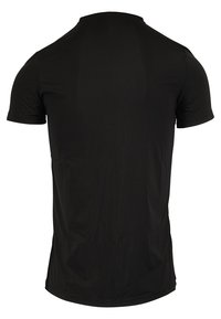 T-shirt nera a maniche corte con scollatura tonda, realizzata in un tessuto leggero e liscio, caratterizzata da una vestibilità rilassata e senza motivi o dettagli visibili.