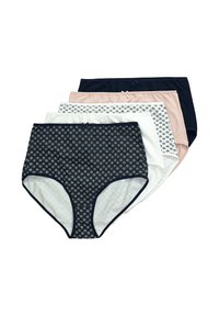 Cinco bragas de talle alto para mujer en negro con estampado, blanco, blanco con estampado, rosa claro y negro sólido, apiladas sobre un fondo blanco.
