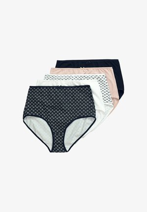 Cinco bragas de talle alto para mujer en negro con estampado, blanco, blanco con estampado, rosa claro y negro sólido, apiladas sobre un fondo blanco.