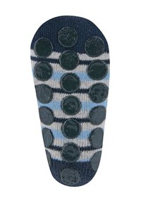 Gestreifte blaue und graue Socke mit gummiartigen Punkten an der Unterseite für besseren Halt. Das Material ist weich gestrickt. Abgerundete Zehenform mit verstärktem Fersenbereich.