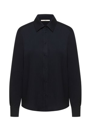 Schwarzes langärmeliges Hemd mit Knopfleiste, spitzem Kragen und Manschetten, dargestellt vor weißem Hintergrund.