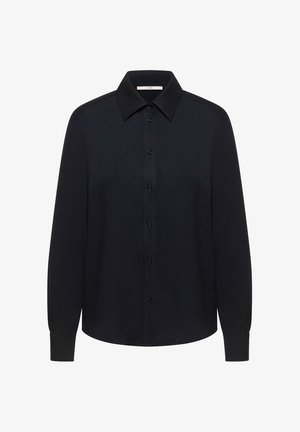 Black long-sleeve button-up shirt with pointed collar and cuffs, displayed on white background.