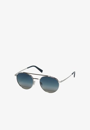 Ronde zonnebril met metalen montuur, dunne dubbele brug en blauw verloopglas, met zwarte pootjes.