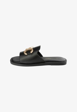 Black slide sandal made of textured synthetic leather, featuring a gold-tone circular accent on the strap and a flat rubber sole.
