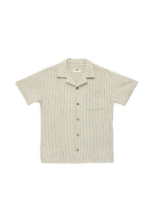 Beige lyhythihainen kauluspaita, jossa on ohuet pystysuorat mustat raidat ja vasemmalla puolella rintatasku.