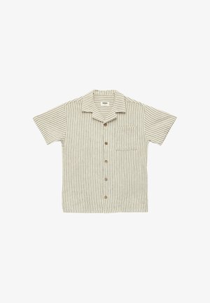 Camicia beige a maniche corte con bottoni, con sottili strisce verticali nere e taschino sul petto sul lato sinistro.