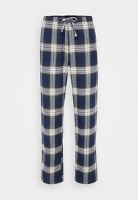 Marine flanellbukser med et hvitt og lysere blått rutemønster. Har elastisk linning med snor. Rett ben-design.