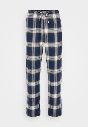 Navy flannel pants with a white and lighter blue plaid pattern. Features an elastic waistband with drawstring. Straight-leg design.