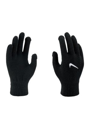 Schwarze gestrickte Handschuhe mit einem weißen Nike Swoosh-Logo auf dem Handrücken der rechten Hand, mit nach oben gerichteten Handflächen dargestellt.