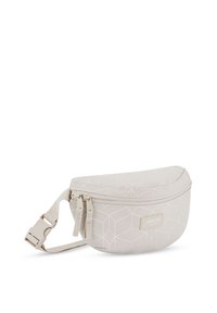 Banane beige clair avec motif géométrique, double fermeture éclair, sangle réglable et étiquette de marque Larkson Hamburg à l'avant.