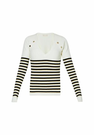 Pullover a righe in bianco, nero e oro. Presenta un profondo scollo a V e maniche lunghe, con bottoni dorati alle cuciture delle spalle e texture a coste.