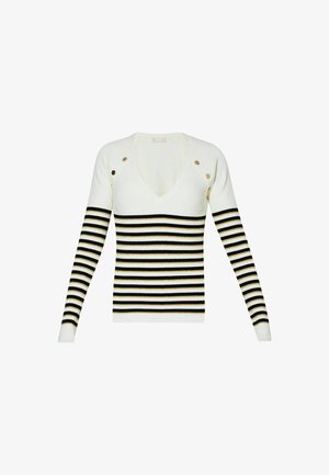 Pullover a righe in bianco, nero e oro. Presenta un profondo scollo a V e maniche lunghe, con bottoni dorati alle cuciture delle spalle e texture a coste.
