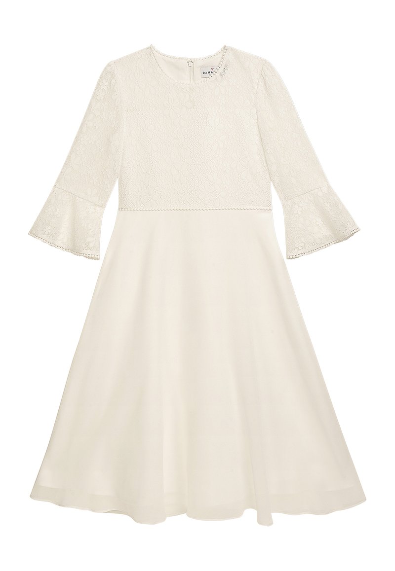 Weißes Kleid mit einem strukturierten Spitzenoberteil, ausgestellten Ärmeln und einem fließenden Rock. Mit einem Reißverschluss hinten und einem dezenten Blumenmuster auf der Spitze.