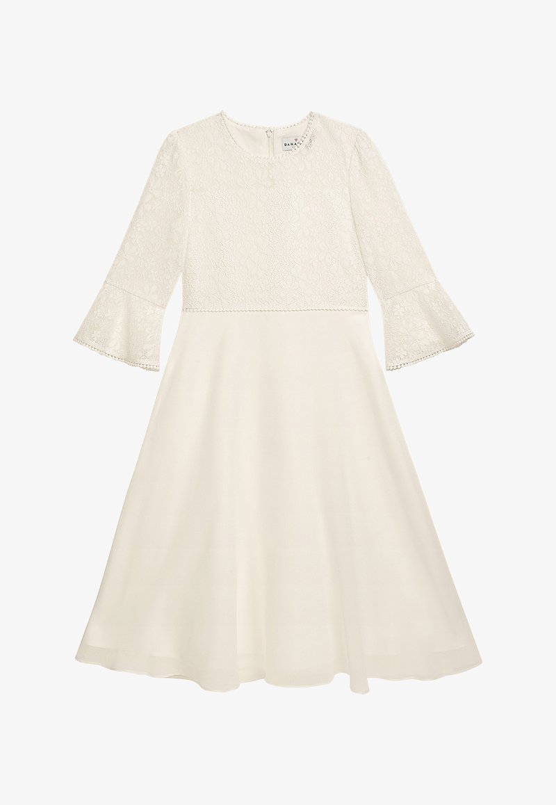 Weißes Kleid mit einem strukturierten Spitzenoberteil, ausgestellten Ärmeln und einem fließenden Rock. Mit einem Reißverschluss hinten und einem dezenten Blumenmuster auf der Spitze.