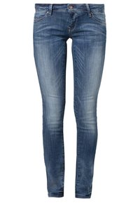 Jean skinny bleu en denim, présentant un effet délavé, un design classique à cinq poches et une fermeture boutonnée à la taille.
