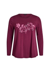 Long-sleeve maroon shirt with a round neckline, featuring a pink leafy floral design on the front and a soft fabric texture.
