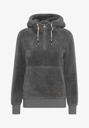 Grijze fleece hoodie met een halve ritssluiting aan de voorkant, een kangoeroezak en verstelbare koordjes. Heeft ribgebreide manchetten en een klein logo-embleem.