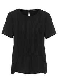 Blouse noire à manches courtes avec plis verticaux à l'avant, encolure arrondie et ouverture en trou de serrure à l'arrière. Tissu doux et léger.