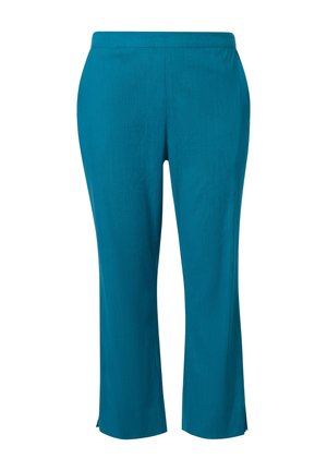 Tyrkysové kalhoty rovného střihu s plochým pasem a malými bočními rozparky na lemu, zobrazené na bílém pozadí.