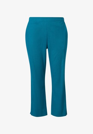 Tyrkysové kalhoty rovného střihu s plochým pasem a malými bočními rozparky na lemu, zobrazené na bílém pozadí.