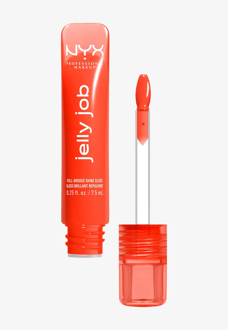 NYX Professional Makeup Jelly Job Lippen-Gloss mit vollem Glanz in Rot-Orange, mit Applikator und offenem Verschluss.