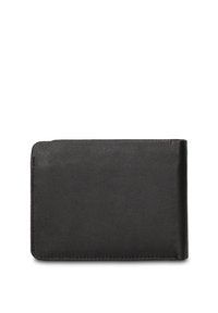 Portafoglio in pelle nera con finitura testurizzata, forma rettangolare, bordi arrotondati e dettagli di cucitura minimi. Design compatto ed elegante.