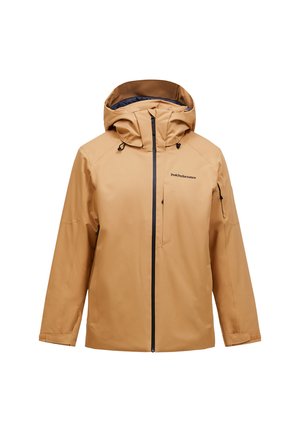 Wasserabweisende, beige Jacke mit durchgehendem Reißverschluss, verstellbarer Kapuze und schwarzen Akzenten. Verfügt über eine Brusttasche und elastische Bündchen.