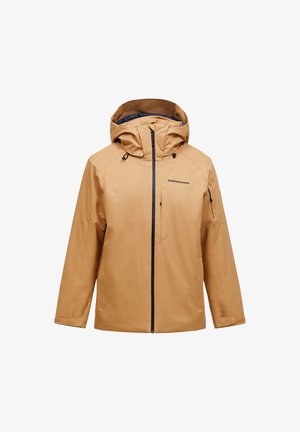 Wasserabweisende, beige Jacke mit durchgehendem Reißverschluss, verstellbarer Kapuze und schwarzen Akzenten. Verfügt über eine Brusttasche und elastische Bündchen.