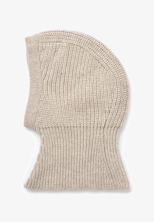 Beige gestrickte Woll-Balaclava mit gerippter Struktur, die Kopf und Nacken bedeckt, für Wärme und vollständige Abdeckung konzipiert.