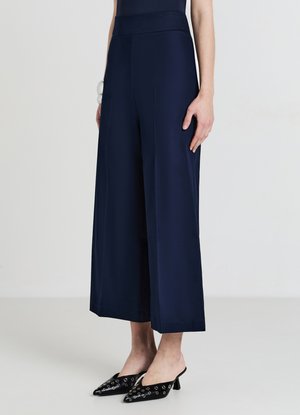 Pantaloni a gamba larga blu navy con vita alta, realizzati in tessuto liscio; caratterizzati da un design minimalista e indossati con décolleté nere a punta.