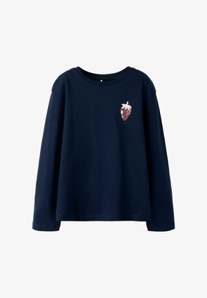 Navy long-sleeve shirt in soft fabric, with a crew neckline and a pink strawberry graphic on the left chest area.