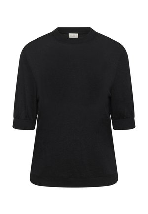 Schwarzer kurzärmeliger Pullover mit Rundhalsausschnitt, aus weichem Stoff, mit lässiger Passform und gerafften Ärmeln an den Bündchen.