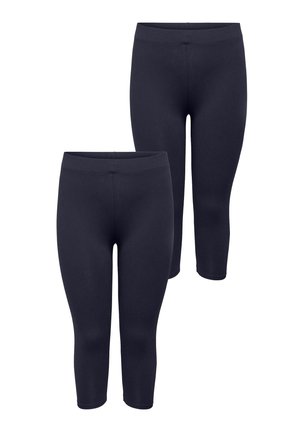 Black capri leggings made of stretchy fabric, featuring a smooth waistband and fitted design. Two pairs displayed, one stacked atop the other.