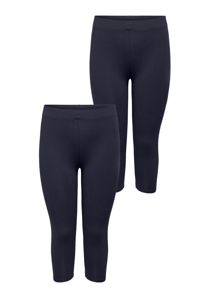 Schwarze Capri-Leggings aus dehnbarem Stoff, mit einem glatten Bund und figurbetontem Schnitt. Zwei Paar werden präsentiert, eines übereinander gestapelt.