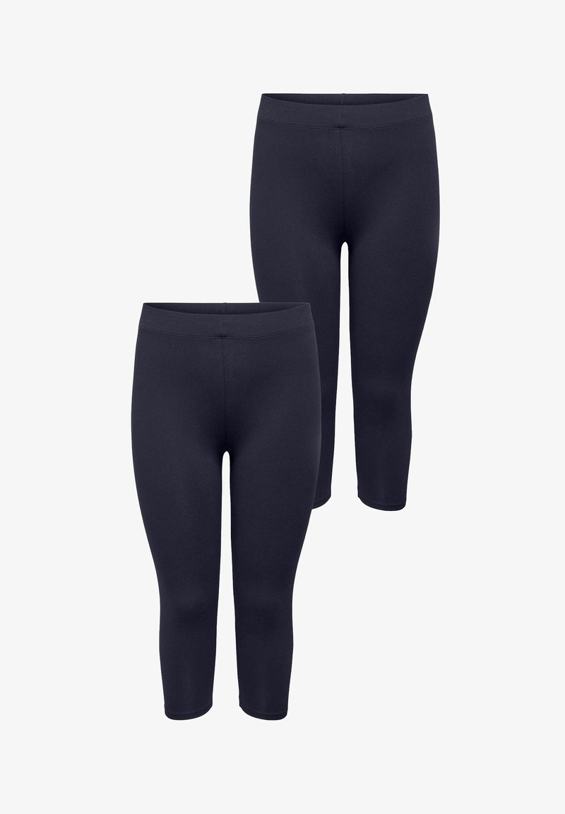 Schwarze Capri-Leggings aus dehnbarem Stoff, mit einem glatten Bund und figurbetontem Schnitt. Zwei Paar werden präsentiert, eines übereinander gestapelt.